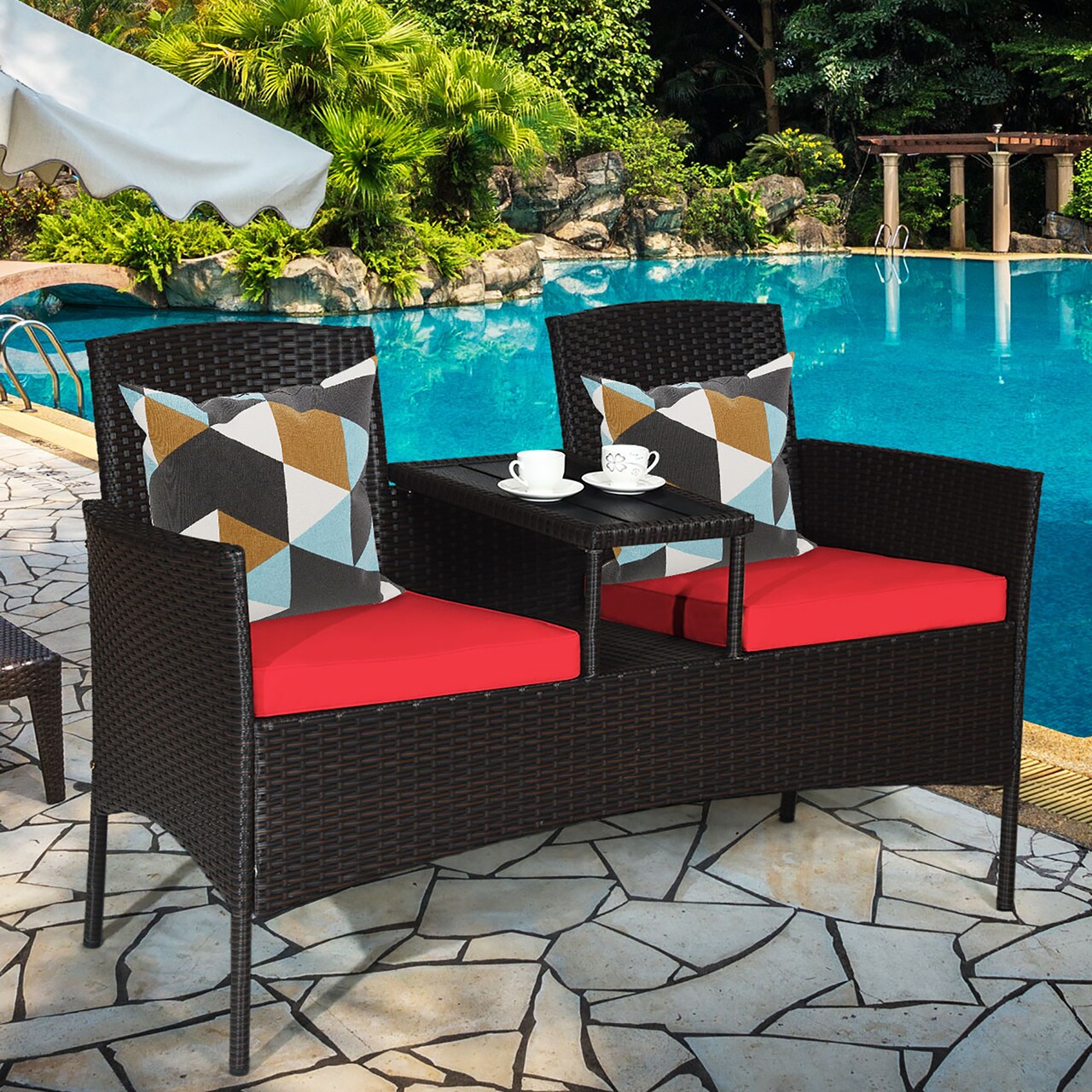 Costway Patio Rattan Conversation Set Loveseat Sofa Cushioned Coffee Table Turquois\Red